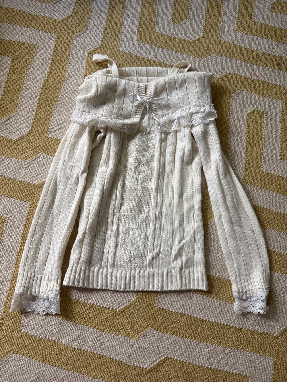 Amazon Cream Off-the-Shoulder Lace-Trim Ribbed Knit Sweater